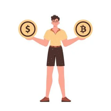 The guy holds in his hands bitcoin and dollar in the form of coins. Charact.. Ilustración de archivo