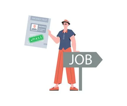 The guy holds in his hands the passed test for a vacancy. Job search and huma Illustrazione stock