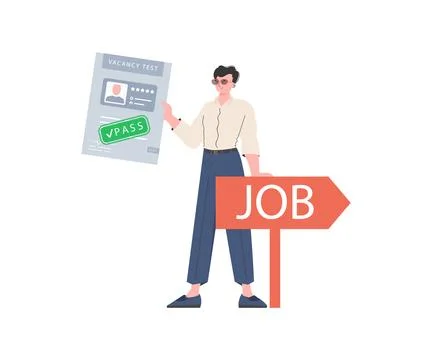 The guy holds in his hands the passed test for a vacancy. Job search and hu.. イラスト素材