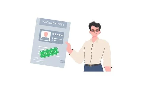 The guy holds in his hands the passed test for a vacancy. Job search concep.. Illustrazione stock