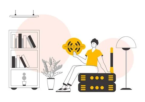The guy holds the internet of things logo in his hands. Linear trendy style.. Stock Illustration