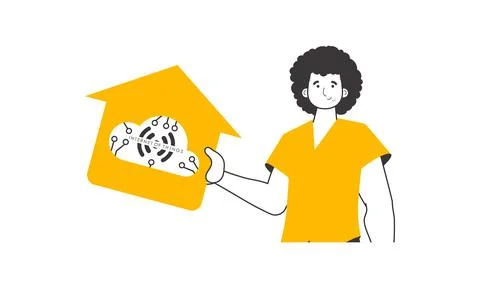 The guy holds the IOT logo in his hands. Linear trendy style. Isolated on whi Stock Illustration