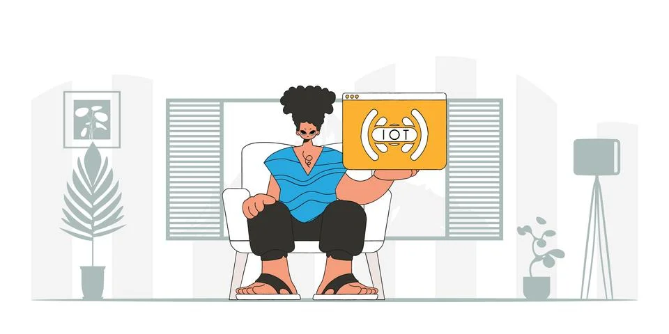 Guy holds IoT logo while seated on the ground, in vector modern character s.. イラスト素材