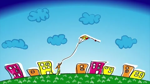 Guy holds kite by the string that moves in wind. Blue clouds float across sky. Stock Footage 149570134