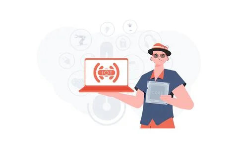 The guy holds a laptop and a processor chip in his hands. Internet of things  Illustrazione stock