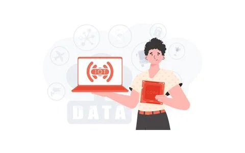 The guy holds a laptop and a processor chip in his hands. Internet of things  Illustrazione stock
