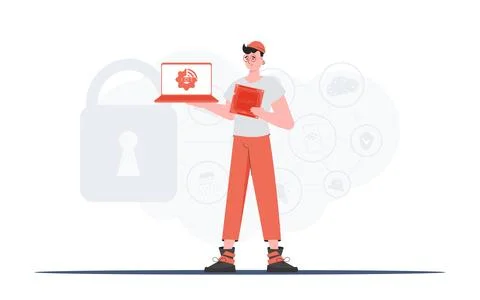The guy holds a laptop and a processor chip in his hands. Internet of things  イラスト素材