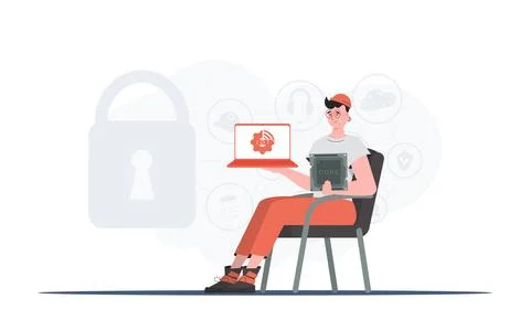 The guy holds a laptop and a processor chip in his hands. IoT concept. Vector Stock Illustration