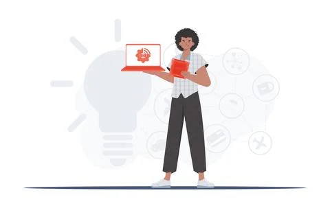 The guy holds a laptop and a processor chip in his hands. IoT concept. Vector 库存插图