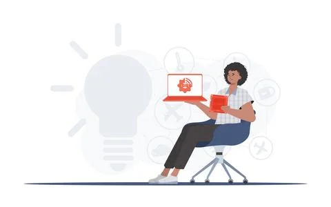 The guy holds a laptop and a processor chip in his hands. IoT concept. Trendy Stockillustratie