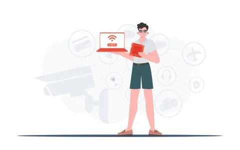 The guy holds a laptop and a processor chip in his hands. Internet of things  Stock Illustration