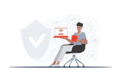 The guy holds a laptop and a processor chip in his hands. Internet of things  Stock Illustration