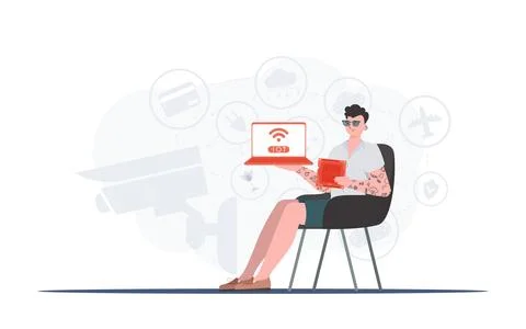 The guy holds a laptop and a processor chip in his hands. Internet of things  Illustrazione stock