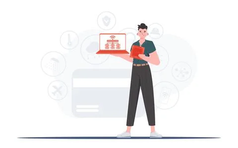 The guy holds a laptop and a processor chip in his hands. Internet of things  스톡 일러스트