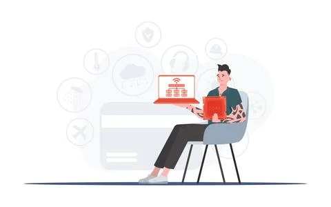 The guy holds a laptop and a processor chip in his hands. IOT and automation  イラスト素材