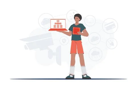 The guy holds a laptop and a processor chip in his hands. IOT and automation  스톡 일러스트