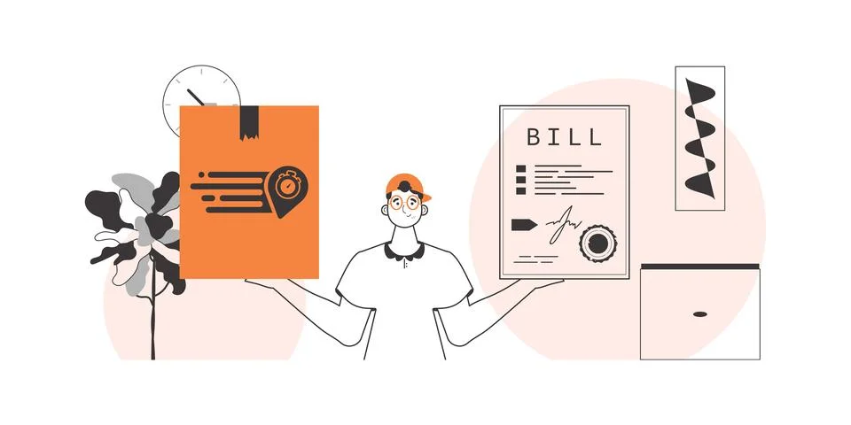 The guy holds a parcel and a check in his hands. Parcel delivery concept. L.. 库存插图