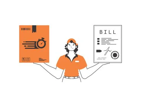 The guy holds a parcel and a check in his hands. Delivery concept. Linear sty 스톡 일러스트