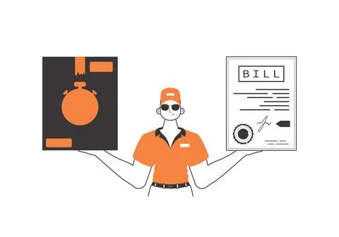 The guy holds a parcel and a check in his hands. Delivery concept. Linear tre イラスト素材