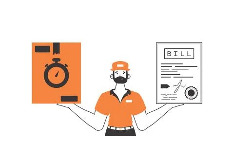 The guy holds a parcel and a check in his hands. Delivery concept. Linear mod 스톡 일러스트