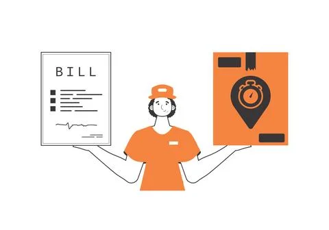 The guy holds a parcel and a check in his hands. Parcel delivery concept. Lin Illustrazione stock