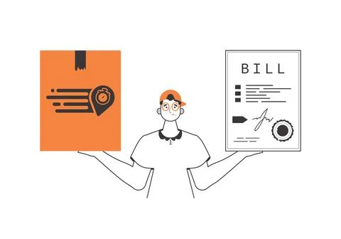 The guy holds a parcel and a check in his hands. Parcel delivery concept. Lin 스톡 일러스트
