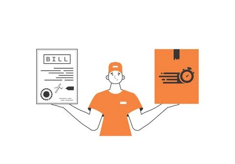 The guy holds a parcel and a check in his hands. Parcel delivery concept. Lin イラスト素材