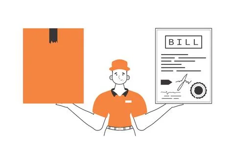 The guy holds a parcel and a check in his hands. The concept of the delivery  스톡 일러스트