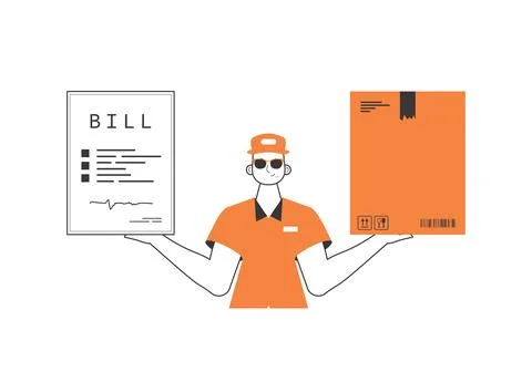 The guy holds a parcel and a check in his hands. The concept of the delivery  Stock Illustration