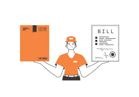 The guy holds a parcel and a check in his hands. The concept of the delivery  Stock Illustration