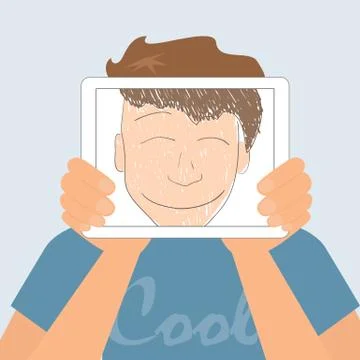 Guy holds tablet pc displaying fun smiling drawing Stock Illustration