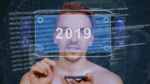 Guy interacts HUD hologram 2019 Stock Footage 108408461