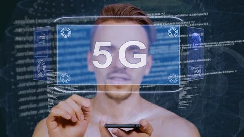 Guy interacts HUD hologram 5G Stock Footage 108310733