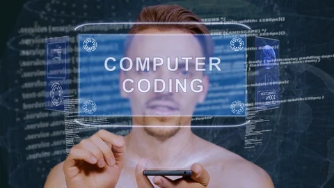 Guy interacts HUD hologram Computer coding Stock Footage 108311463