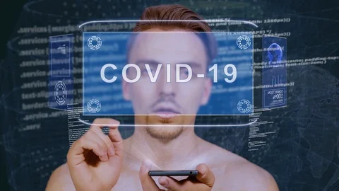 Guy interacts HUD hologram COVID-19 Stock Footage 126457027