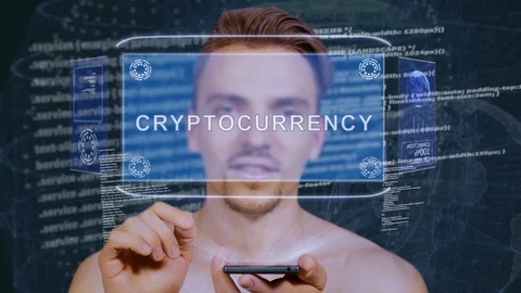 Guy interacts HUD hologram Cryptocurrency exchange Stock Footage 108409102