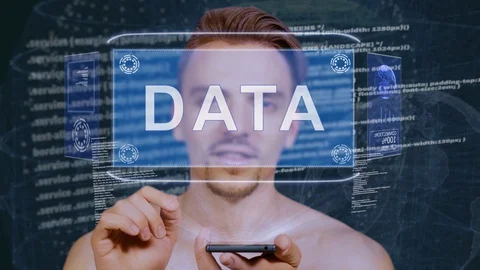 Guy interacts HUD hologram Data Video stock 108409159