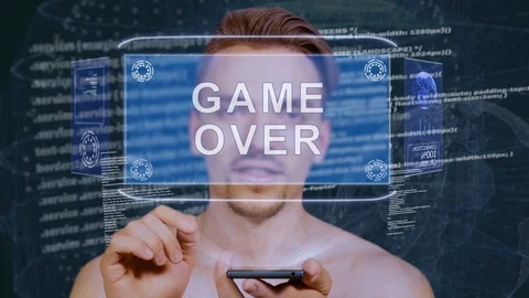 Guy interacts HUD hologram Game Over Stock Footage 108338563