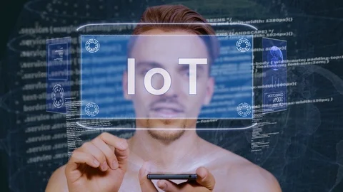 Guy interacts HUD hologram IoT Stock Footage 109411012
