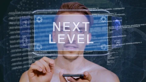 Guy interacts HUD hologram Next level Stock Footage 109411332
