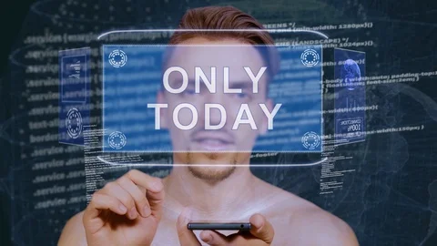 Guy interacts HUD hologram Only today Stock Footage 112028229