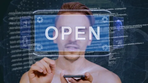 Guy interacts HUD hologram Open Stock Footage 112028284