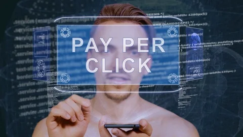 Guy interacts HUD hologram Pay per click Stock Footage 109411412