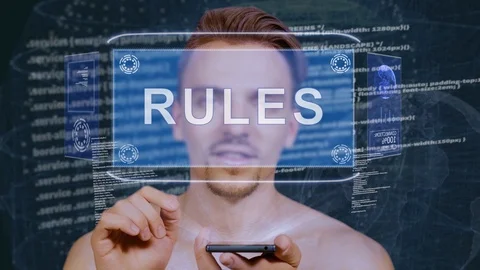 Guy interacts HUD hologram Rules Stock Footage 112243243