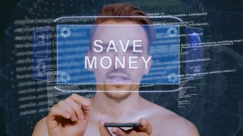 Guy interacts HUD hologram Save money Stock Footage 109411734