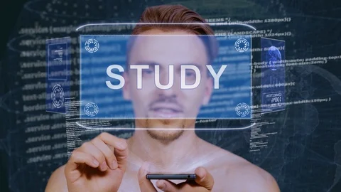 Guy interacts HUD hologram Study Stock Footage 112053739