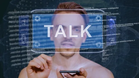 Guy interacts HUD hologram Talk Stock Footage 112054110