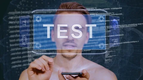 Guy interacts HUD hologram Test Stock Footage 112054345