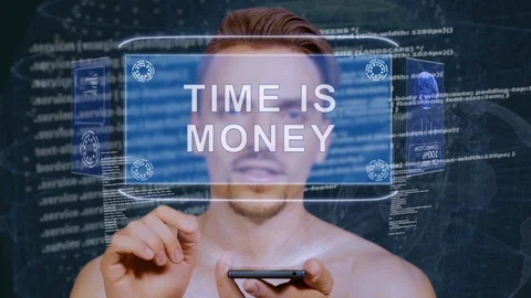Guy interacts HUD hologram Time is money Stock Footage 112054605