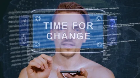 Guy interacts HUD hologram Time for change Stock Footage 112243961
